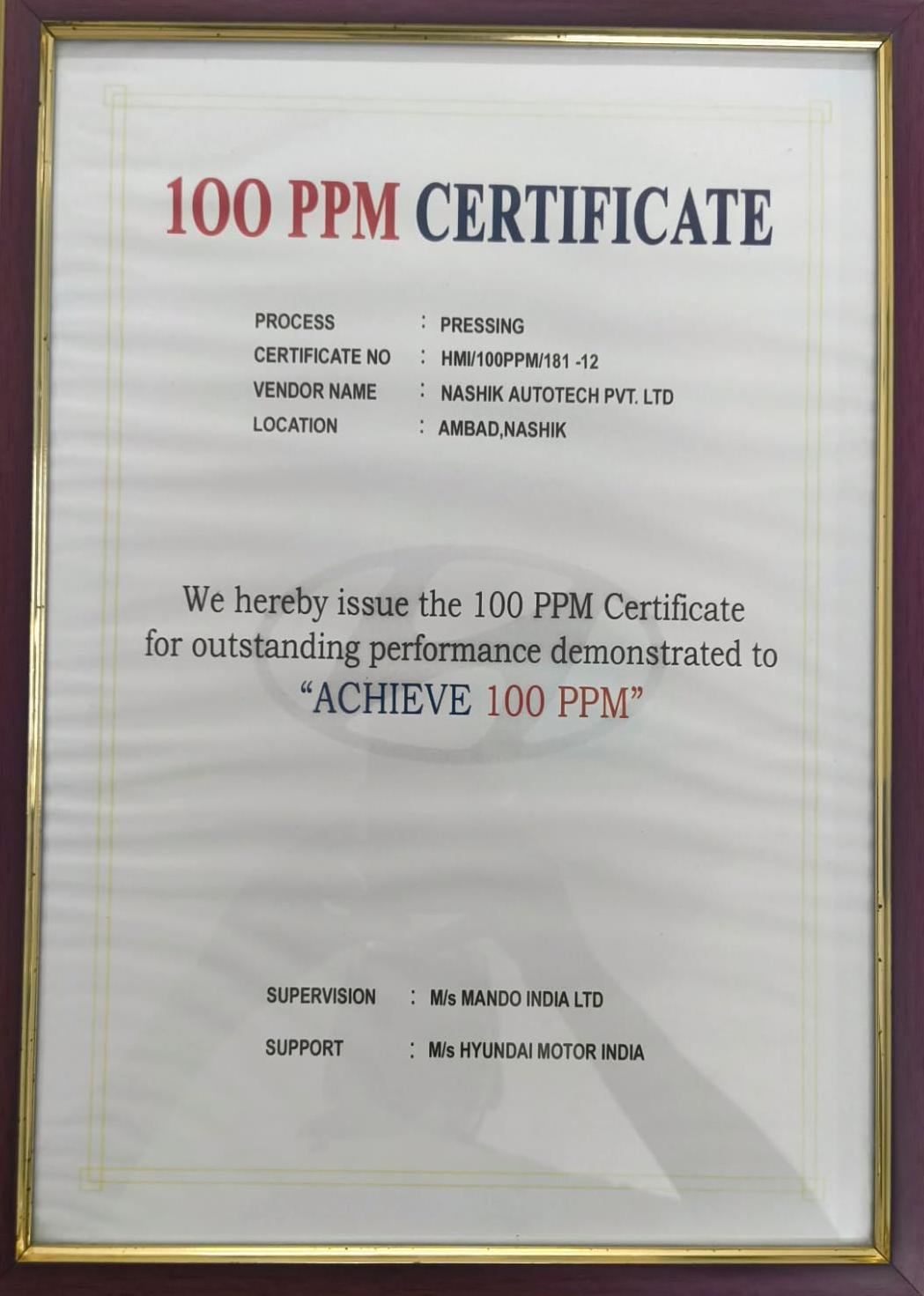 100 PPM Certificate